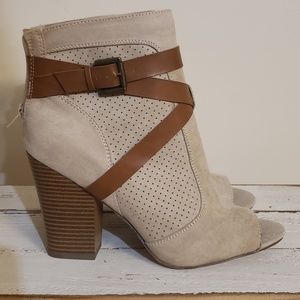 Tan open toe booties